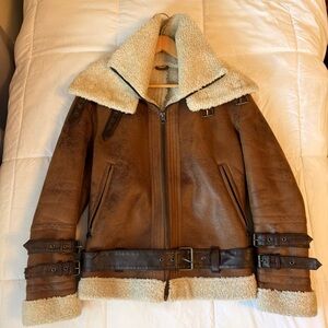 ZARA Men's Brown Double Collar Shearling Aviator Jacket